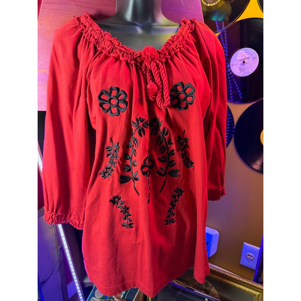 Project Red Cotton Peasant Blouse Black Floral Embroidery Ruffle Neck Size M